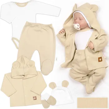 Kojenecká souprava Baby Nellys Žebrovaná sada, Star 5D, body, polodupačky, kabátek, čepička, rukavice - bílá, béžová Velikost: 56 (1-2m)