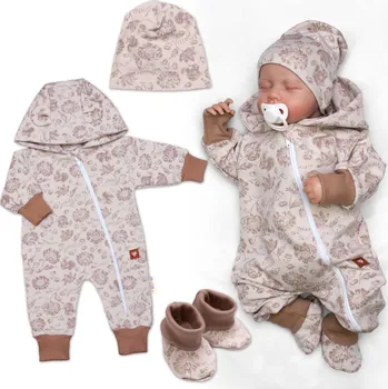 Kojenecká souprava Baby Nellys Rostoucí overálek, čepička a botičky, 3D, bavlna, Garden - béžová/hnědá Velikost: 50/56 (0-2m)
