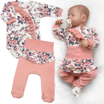 Kojenecký body Baby Nellys Bavlněná sada 2D, body + polodupačky Růžičky, pudrově růžová Velikost: 74 (6-9m)