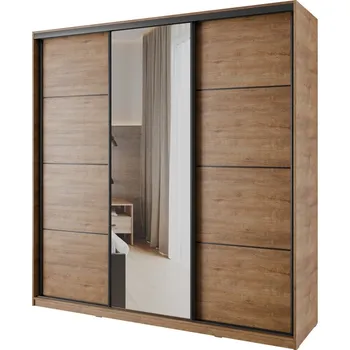 Šatní skříň Šatní skříň NEJBY BARNABA 200 cm s posuvnými dveřmi,zrcadlem,4 šuplíky a 2 šatními tyčemi,dub lefkas +možnost VÝNOSU + vyzvednutí ZDARMA