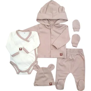 Kojenecká souprava Z&Z Sada do porodnice 5D, body, polodupačky, kabátek, čepička, rukavičky, béžová Velikost: 62 (2-3m)
