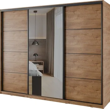 Šatní skříň Šatní skříň NEJBY BARNABA 250 cm s posuvnými dveřmi,zrcadlem,4 šuplíky a 2 šatními tyčemi,dub lefkas +možnost VÝNOSU + vyzvednutí ZDARMA