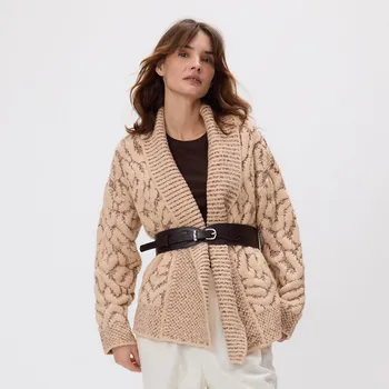 Dámský svetr Reserved - Kardigan s páskem - pšeničná - 483IK-12M - 483IK-12M-L