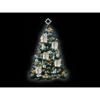 Vánoční světelná dekorace Zvýhodněný set pro vánoční stromy GIFT, 10 m Barva LED, možnost snowfall: studená bílá/teplá bílá + snowfall, Koule plast 20cm: MIX (stříbrné, zlaté), Dárky: teplá bílá s červenou