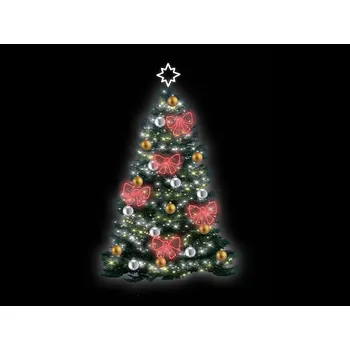 Vánoční světelná dekorace Zvýhodněný set pro vánoční stromy RIBBON, 5 m, Koule plast 20cm: MIX (stříbrné, zlaté), světelné mašle: červená