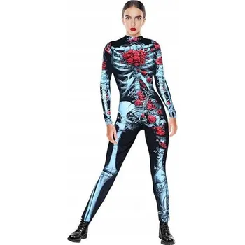 Karnevalový kostým Dámský KOSTÝM KOSTLIVEC s růžemi, květinami a halloweenským overalem, velikost L
