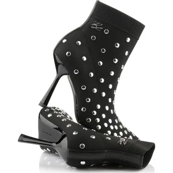 Dámská zimní obuv KOTNÍKOVÁ OBUV KARL LAGERFELD PANDARA STUDS KNIT BOOT BLACK KNIT TEXT W/SILVER