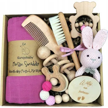 Dřevěné kousátko pro miminka, senzorické, s chrastítkem MamyMy dřevo, karton, tkanina šedá