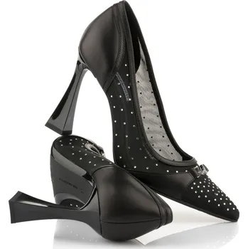 Dámské lodičky LODIČKY KARL LAGERFELD DEBUTANTE GLITTER MESH PUMP BLACK LTHR & TEXT W/SILVER