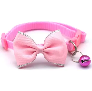 Obojek pro psa Kočičí obojek s mašlí a rolničkou | chovatelský doplněk - Růžový , Nastavitelný 19-32 cm