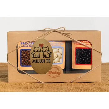 Dárková krabička Dárková sada křupavých preclíků a sladkých mandlí mix 3ks miluji Tě (Dárková sada křupavých preclíků a sladkých mandlí mix 3ks miluji Tě)