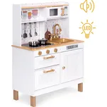 ecotoys Dřevěná hrací kuchyňka pro děti se zvuky a LED diodami, velká, s otevíracími skříňkami a 7 doplňky, ECOTOYS