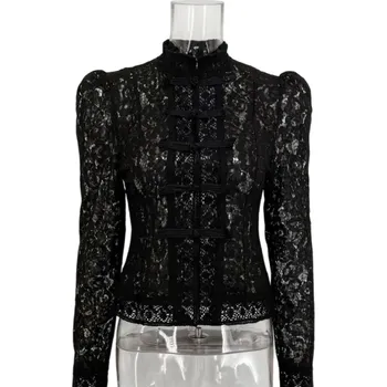 Dámská košile Elegantní dámská krajková košile s límečkem Jednobarevná halenka se zapínáním na knoflíky Stylový top z lehkého polyesteru do práce i pro volný čas černá M