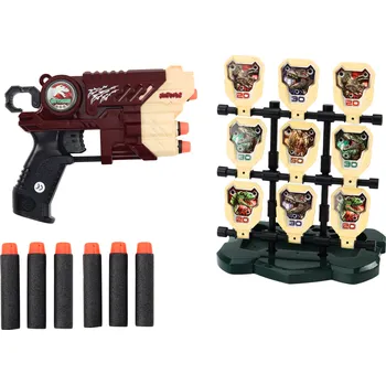 Dřevěná hračka Sada pistole s pěnovými náboji a terče s dinosaury - hnědá