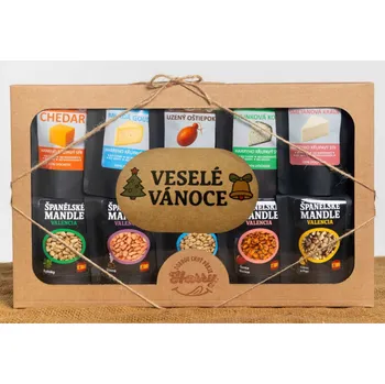 Dárková krabička Křupavý sýr a Španělské mandle Dárková sada 10 druhů veselé vánoce (Křupavý sýr a Španělské mandle Dárková sada 10 druhů veselé vánoce)