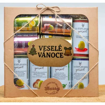 Dárková krabička VELKÁ DÁRKOVÁ SADA 9 druhů oliv s pastou LA EXPLAMADA veselé vánoce (VELKÁ DÁRKOVÁ SADA 9 druhů oliv s pastou LA EXPLAMADA veselé vánoce)