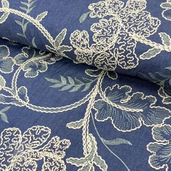 Bavlněná látka JEANS Embroidery leaves light blue