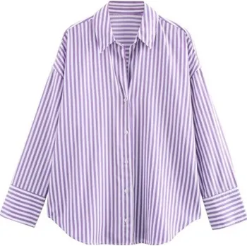 Dámské oblečení Dámská pruhovaná volná košile s dlouhým rukávem a límečkem Elegantní halenka na knoflíky z lehkého polyesteru Stylový top v různých barvách fialová XS