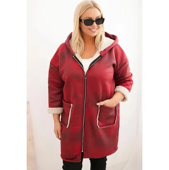 Dámská bunda Plus Size s kapucí a kapsami zateplená beránkem bordová UNI