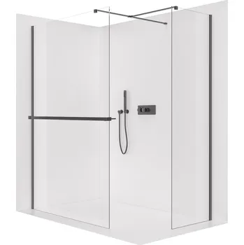 CERANO - Sprchová zástěna Walk-in Onyx T L/P - 8 mm - hranatá vzpěra + polička/držák na ručníky - černá matná, transparentní sklo - 130x30x200 cm