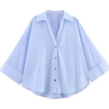 Dámská košile Elegantní dámská košile s krátkým rukávem Jednobarevná halenka s límečkem a zapínáním na knoflíky Lehký volný top z polyesteru do práce i pro volný čas modrá S