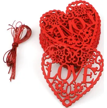 Svatební dekorace Dřevěný výřez - Love v srdíčku (červený) 1ks