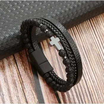 Náramek Pánský vícevrstvý náramek s křížem a kameny (Výběr z variant) Druh: Obsidián (černá kůže)