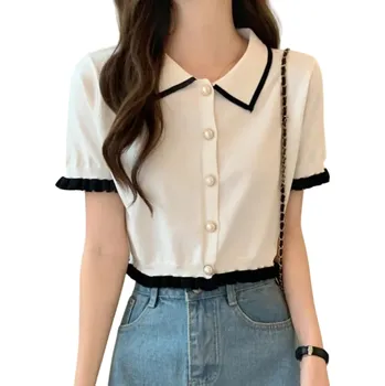 Dámská košile Elegantní dámská košile s krátkým rukávem Jednobarevná halenka z polyesteru s proužky na límečku a volánky na rukávech Stylový top na knoflíky bílá L