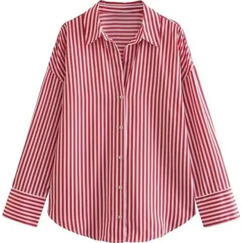 Dámské oblečení Dámská pruhovaná volná košile s dlouhým rukávem a límečkem Elegantní halenka na knoflíky z lehkého polyesteru Stylový top v různých barvách červená S