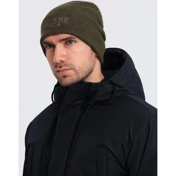 Módní doplněk Pánská pletená čepice s vyšitým nápisem - olivová V5 OM-ACWH-0120 - univerzální