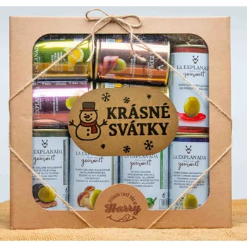 Dárková krabička VELKÁ DÁRKOVÁ SADA 9 druhů oliv s pastou LA EXPLAMADA v (VELKÁ DÁRKOVÁ SADA 9 druhů oliv s pastou LA EXPLAMADA krásné svátky)