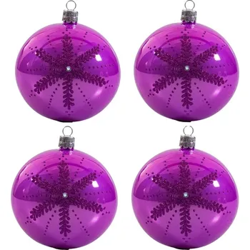 Vánoční ozdoba Koulier Skleněné vánoční ozdoby basic Lila - Lila velké koule s vločkou, 4 ks