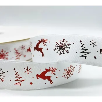 Svatební dekorace Stuha s potiskem (bílá s červeným vánočním motivem) 4,5mx15mm