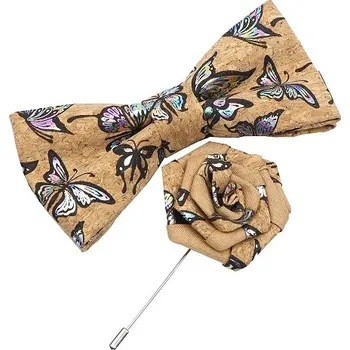 Motýlek Dřevěný korkový motýlek + brož (Vzor kmotýly) v dřevěné krabičce