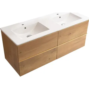 Koupelnový nábytek CERANO - Koupelnová skříňka pod umyvadlo s úchytkou Velora + keramické umyvadlo Todo - dub medový, zlatá úchytka - 120x49,8x45,2 cm