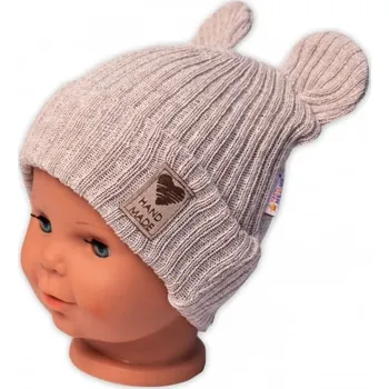 Pokrývka hlavy Pletená bavlněná čepice s oušky, dvouvrstvá, Hand Made Baby Nellys, béžová