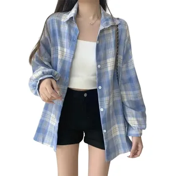 Dámská košile Elegantní dámská kostkovaná košile s límečkem Volný střih se zapínáním na knoflíky Stylová halenka z lehkého polyesteru pro každodenní nošení modrá XL