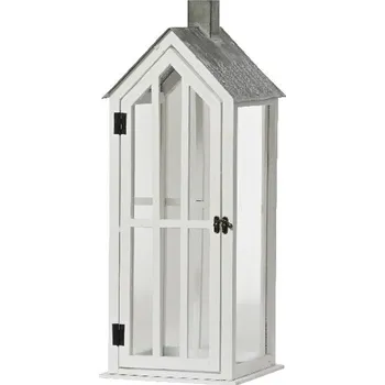Lucerna Dřevěná lucerna ve tvaru domečku bílá 1ks, 29-95 cm - Střední