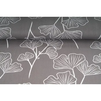 Plátno bavlněné, vzor list jinanu na šedé, metráž, látka