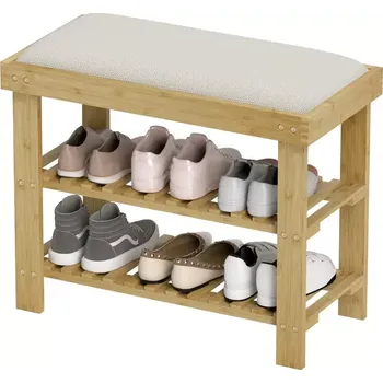 Botník Botník, lavice na boty, přírodní bambus, látka, přírodní, krémová, OSKI