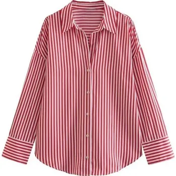 Dámská košile Dámská pruhovaná volná košile s dlouhým rukávem a límečkem Elegantní halenka na knoflíky z lehkého polyesteru Stylový top v různých barvách červená XS