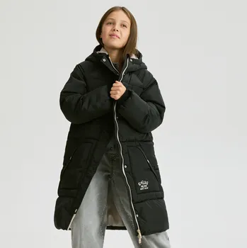 Dívčí bunda Reserved - Dlouhý prošívaný kabát s kapucí - černý - 249EX-99X - 249EX-99X-164