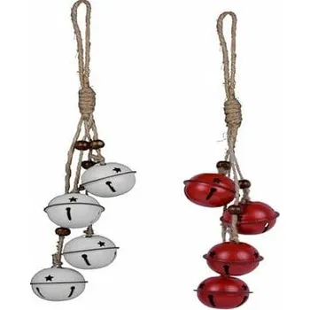 Vánoce Girlanda se 4mi rolničkami, kovová, 29cm, bílá/červená, balení obsahuje 2 kusy!|Ego Dekor