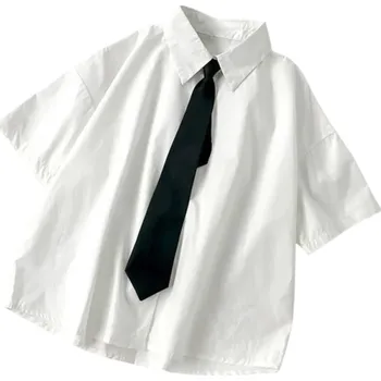 Dámská košile Elegantní dámská košile s krátkým rukávem Jednobarevná halenka s límečkem a černou kravatou Zapínání na knoflíky Lehký top z polyesteru XXL