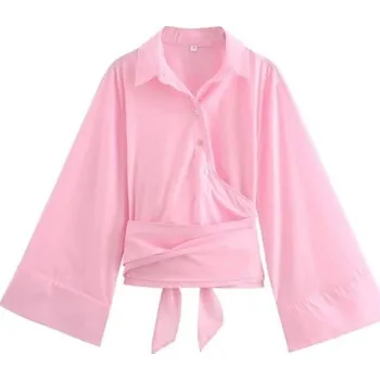 Dámská košile Dámská elegantní košile s límečkem a dlouhým rukávem Stylové kimono s mašlí v pase Jednobarevná halenka na knoflíky z lehkého polyesteru růžová M