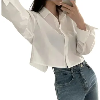 Dámská košile Dámská elegantní košile s dlouhým rukávem a límečkem Jednobarevná halenka z lehkého polyesteru Stylové zapínání na knoflíky pro každý den bílá L