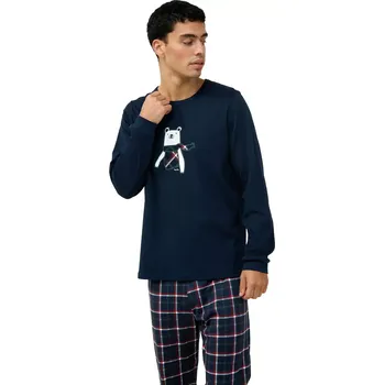 Pánské pyžamo Pánské bavlněné pyžamo s medvědem a kostkovanými kalhotami Vamp 23680 blue velikost XL