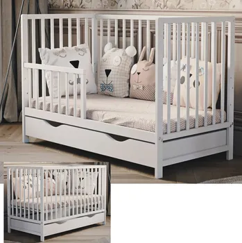 Dětská postýlka Magda 60×120 cm bílá s bočnicí a šuplíkem – dřevěná postýlka s funkcí dětské postele Druh matrace: pěnová matrace 60x120x6cm +599kč