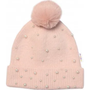 Čepice Zimní čepice s bambulí + šál, Pearls, Baby Nellys - pudrově růžová, vel. 54/58