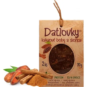 Dětská výživa DATLOVKY RAW Jemné datlové tyčinky 2 ks KAKAOVÉ BOBY a SKOŘICE, 70 g